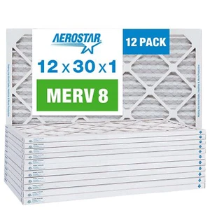 Aerostar 12x30x1 MERV 8 Air Filter, 12 Pack (11 3/4" x 29 3/4" x 3/4") - Picture 1 of 5