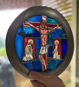 Vintage Jesus Crucifix Glass colorful Church window Tray Aluminum Tiffany Lead⭐ - Picture 1 of 14