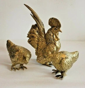 3 Figuren Messing 2465g Tier Hahn + 2Hühner Statue Skulptur animal alt vintage - Picture 1 of 9
