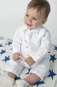 Baby Boys 4 Piece Christening Outfit / Christening Suit White Check - Picture 1 of 4