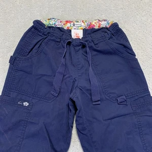 Koi Womens Scrub Pants Size XS Regular Navy Blue Cargo Pants Drawstring Floral - Picture 1 of 12