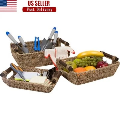 Seagrass Storage Baskets W/ Wooden Handles Set of 3 Rectangular Baskets New - Image 1 of 4