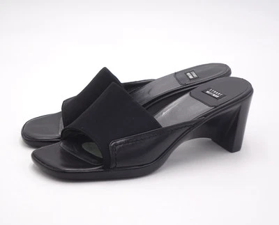 Size 6.5 M - Stuart Weitzman Black Leather & Fabric Wedge Slides Sandals - Image 1 of 4