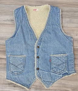 Vintage 1970s Levis Mens Blue Denim Jean Sherpa Lined Western Style Vest Small - Picture 1 of 6