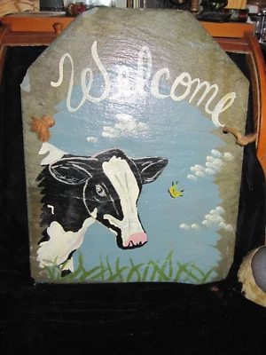 HAND PAINTED SLATE - BLACK & WHITE COW -VG Condition *~* - Image 1 of 4