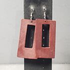 Dangle Hoop Earrings Brown Wooden Mid Century Modernist Pierced 3.5"