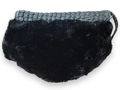 Vintage Black Fur Muff zippered with coin purse mirror 1930s strap hand warmer - Image 1 of 4