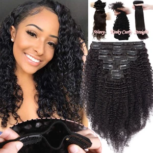 Afro Kinky Curly Clip in Remy Human Hair Extensions Double Weft FULL HEAD THICK - Picture 1 of 19