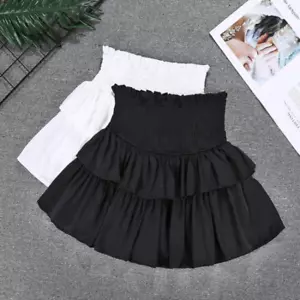 Lady Mini Pleated Skirt High Waist Layered Ruffle Flared Shirred Tiered Summer - Picture 1 of 10