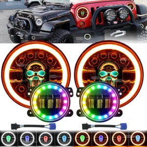 For Jeep Wrangler JK TJ Halo 7“inch RGB LED Headlights & 4” Fog Lights Combo Kit - Picture 1 of 16