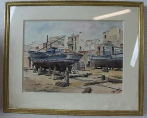 Painting Of Marc Plasaules - Watercolour - Boats On Wedge - 1976 Pla - Picture 1 of 5