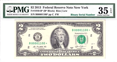 2013 $2 FRN PMG VF 35EPQ Fancy TRUE 0/1 BINARY **STAR** Serial #B00001100* - Image 1 of 2