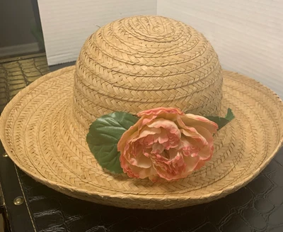 Sombrero de paja vintage con detalle de flores rosa rosa flor tejido nuevo sin etiquetas Foto 1 de 4