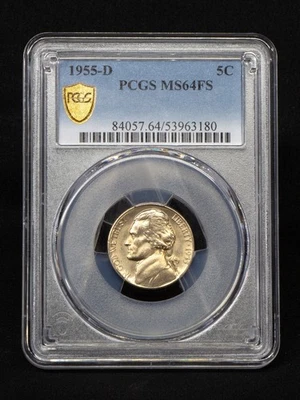FRESHLY GRADED FULL STEPS 1955-D Jefferson 5c PCGS MS64FS Nickel MS 64 FS - Image 1 of 3