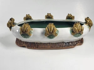 Vintage Majolica 8 Frogs on Lily Pads Oval Planter / Bowl Marked P301PF - Imagen 1 de 13