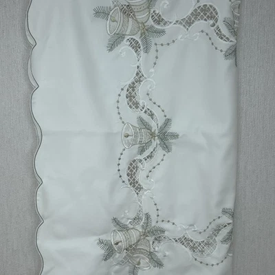 Sander Christmas Tablecloth square bell star embroidery white gold green cut out - Image 1 of 4