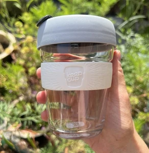 KeepCup 12oz / 340ml Glass Travel Cup Cream Grip Grey BPA-Free Lid Barista Size - Picture 1 of 12
