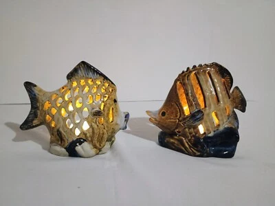 Conjunto de 2 castiçais de peixe castiçais de chá cerâmica esmaltada tons de terra - Imagem 1 de 4