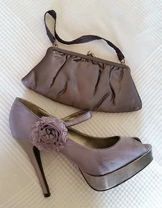 BNIB New Look Mauve Satin Peep Toe Ankle Strap Pumps Size 9 UK 7 EU 40 + Purse - Picture 1 of 10