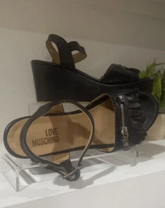 Moschino Love Black Leather Wedges Size 39 Made in Italy 3” Heel / 1.9” Platform - Picture 1 of 5