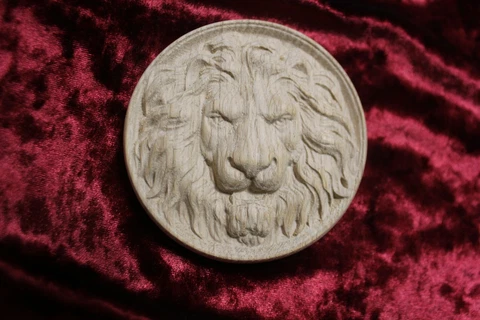 Decorative lion head, wooden Carved lion rosette. Oak wooden element. 4" Cover