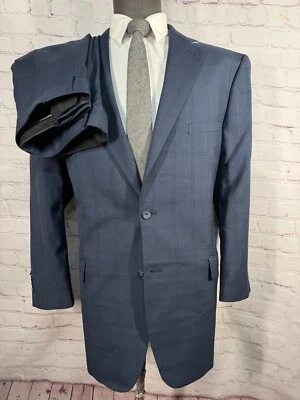 BACHRACH Mens Blue GLEN PLAID ATHLETIC FIT Wool 2pc Suit 46R Jacket 40x28 Pant - Image 1 of 4