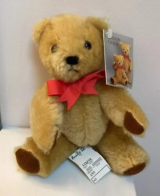 "Oso de peluche mohair de lana 9"" vintage de Deans London Gold nuevo con etiquetas" Foto 1 de 4