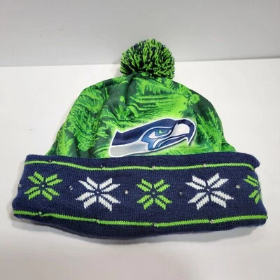 Seattle Seahawks Beanie Ski Football Mens Green NFL Forever Collectibles Fringe - Image 1 of 3
