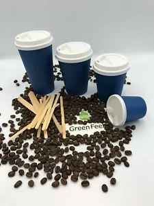 100 x Navy Blue Paper Cups Disposable Coffee Tea Cups For Hot Drinks With Lids - Picture 1 of 7