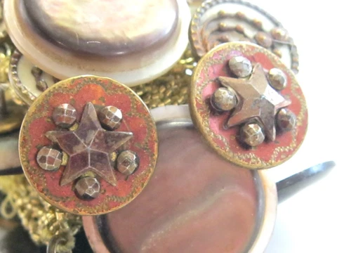 RARE ANTIQUE BUTTON BRACELET VICTORIAN CUT STEEL - FRENCH ENAMEL STAR - ABALONE Cover