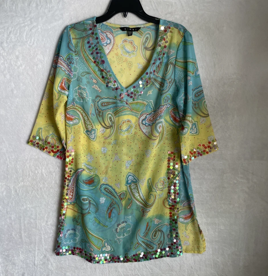 Blusa Top Túnica Dimri Mujer Azul Amarillo Paisly Mediana Poliéster Manga 3/4 V Foto 1 de 4