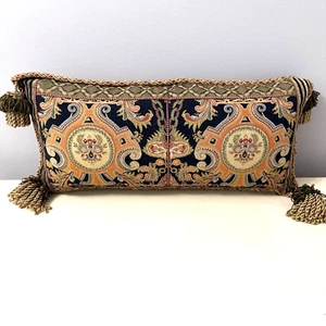 Tapestry Pillow Accent Lumbar Baroque Floral Filigree 25"x12" Tassels Grosgrain - Picture 1 of 9