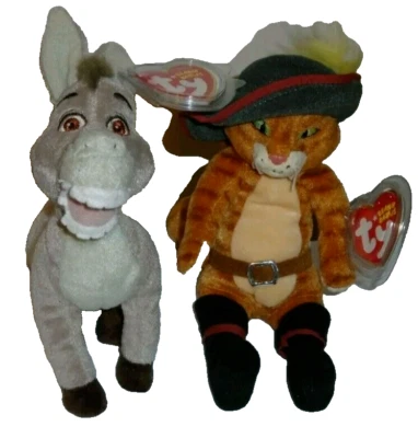 Ty Beanie Baby Set de 2 GATOS CON BOTAS Y BURRO de SHREK (exclusivos de DVD) MWMTs Foto 1 de 4