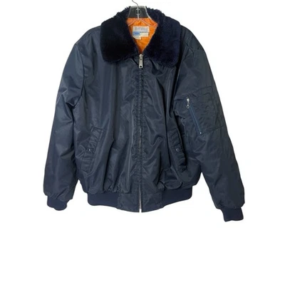 VTG Sears Work Leisure Faux Fur Bomb Nylon Jacket Navy Blue Mens XL 46/48 - Image 1 of 4