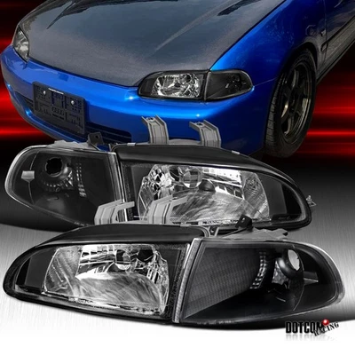 Fit 1992-1995 Honda Civic 2Dr 3Dr JDM Black Headlights+Corner Lamps Lights Pair - Imagem 1 de 4