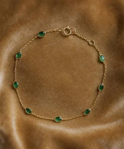 Natural  Emerald Bracelet Solid 10k Solid Yellow Gold Dainty Stackable Bracelet - Picture 1 of 5