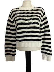 H&M Ivory and Black Stripe Crew Neck Long Sleeve Bulky Sweater Top Sz XS - Picture 1 of 6