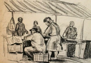 Vintage Kohle Gemälde Portrait Figuren Marktplatz - Bild 1 von 10