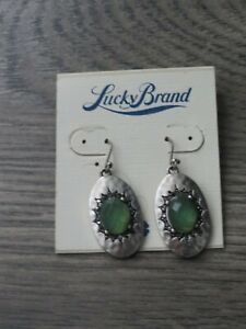 Lucky Brand Silver Tone Oval Green Stone Drop Earrings, NWT