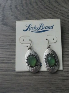 Lucky Brand Silver Tone Oval Green Stone Drop Earrings, NWT - Picture 1 of 1