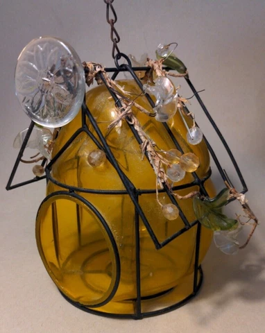 Vintage Murano Style Caged Blown Glass Yellow Birdhouse with Glass leaves/Beads Cover