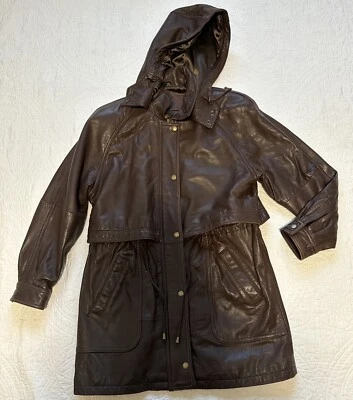 Brown Jacqueline Ferrar Leather Coat Soft VTG Jacket Size Small Chico Hooded - Image 1 of 4