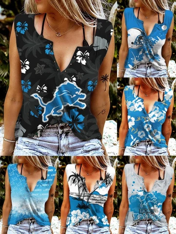 Detroit Lions Womens V-neck T-shirts Ring Hole Sleeveless Tank Tops Summer Vests Cover