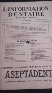 REVUE L INFORMATION DENTAIRE N°8 FEVRIER 1947 ABE - Imagen 1 de 2