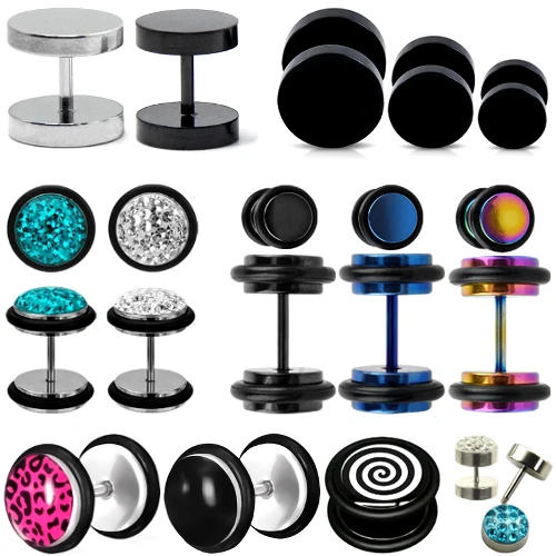 Edelstahl Fake Plug Tunnel Ohrstecker Ohrringe rund Männer Herren schwarz silber - Bild 1 von 1