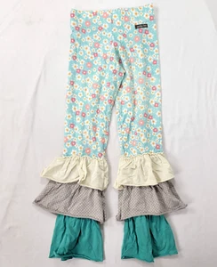 Matilda Jane Girl's Long Pants 3 Rows Ruffles Elastic Waist Sz 12 Blue w Flowers - Picture 1 of 10