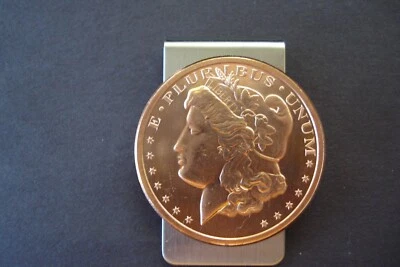 MORGAN 1 OZ COPPER ROUND MONEY CLIP ON STAINLESS STEEL CLIP SHOWY ITEM UNIQUE - Image 1 of 2