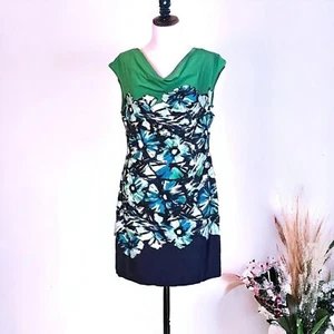 BCBGMAXAZRIA Shift Dress Emerald Combo Green Blue Sleeveless Floral Sz L - Picture 1 of 4