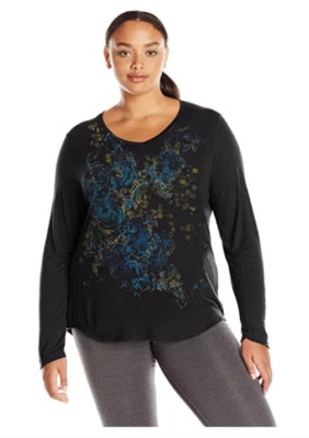NWT Just My Size 1X Light Weight L/S V Neck Glitzy Graphic Tee Top Black Multi - Image 1 of 3