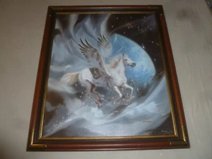 PINTURA AL ÓLEO ENMARCADA K. ISAAC CABALLO PEGASO VOLANDO EN LA LUNA ARTISTA CERTIFICADO DE AUTENTICIDAD FIRMADO - Imagen 1 de 9